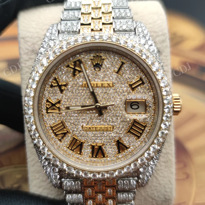 Fully Iced Out Natural Diamond Studded Two Tone Rolex Swiss Made Bust Down Watch  customdiamjewel   