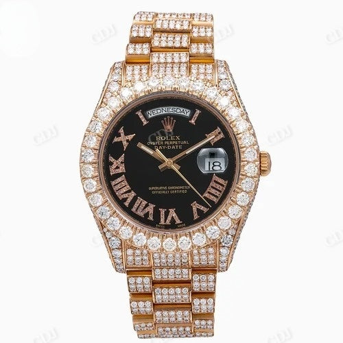 Rolex Luxury Stainless Steel Diamond Watch Rose Gold Plated Men's Black Dial Wrist Watch  customdiamjewel   