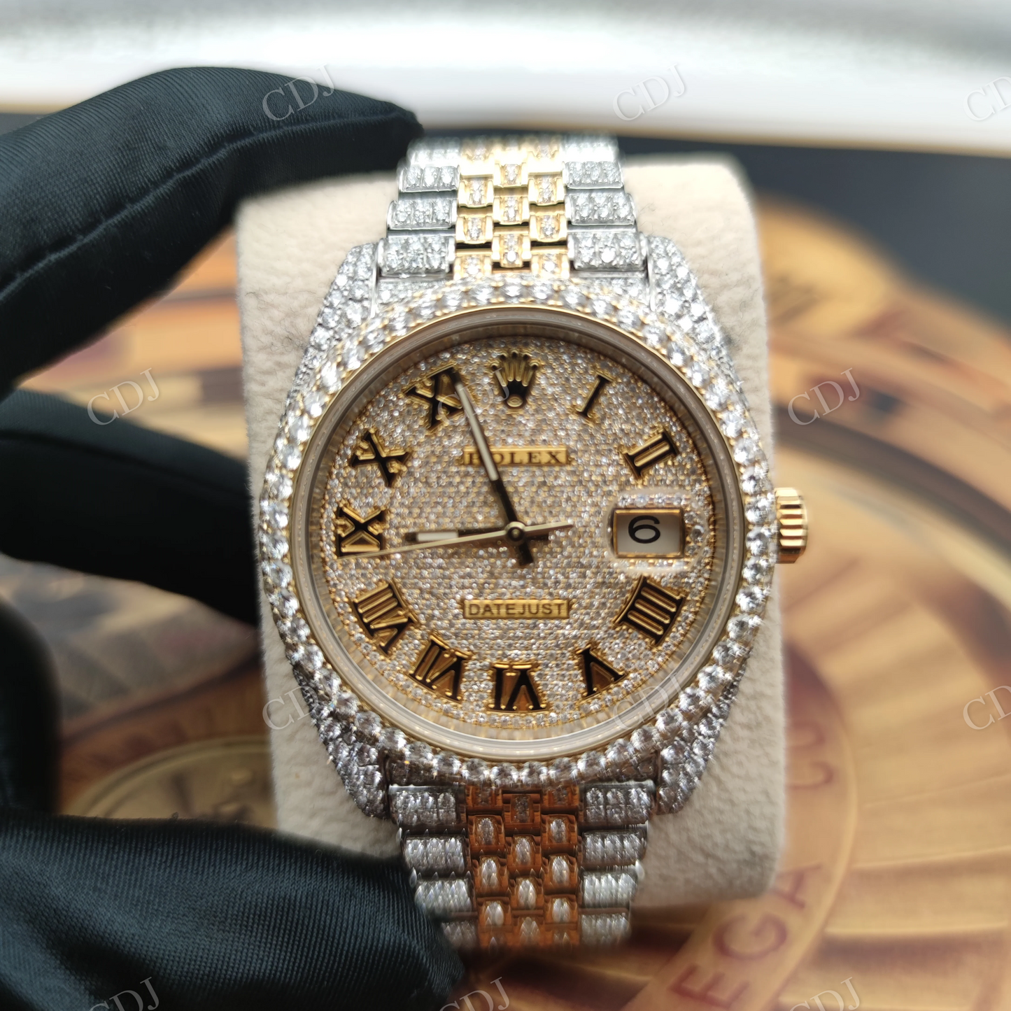 Fully Iced Out Natural Diamond Studded Two Tone Rolex Swiss Made Bust Down Watch  customdiamjewel   