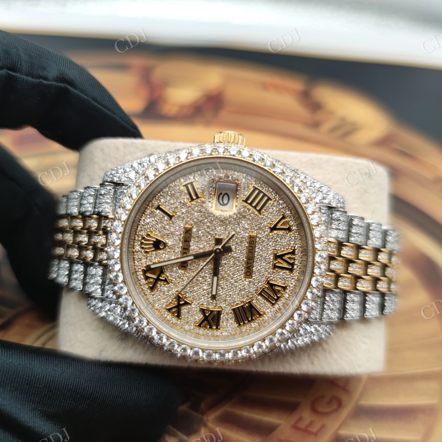 Fully Iced Out Natural Diamond Studded Two Tone Rolex Swiss Made Bust Down Watch  customdiamjewel   