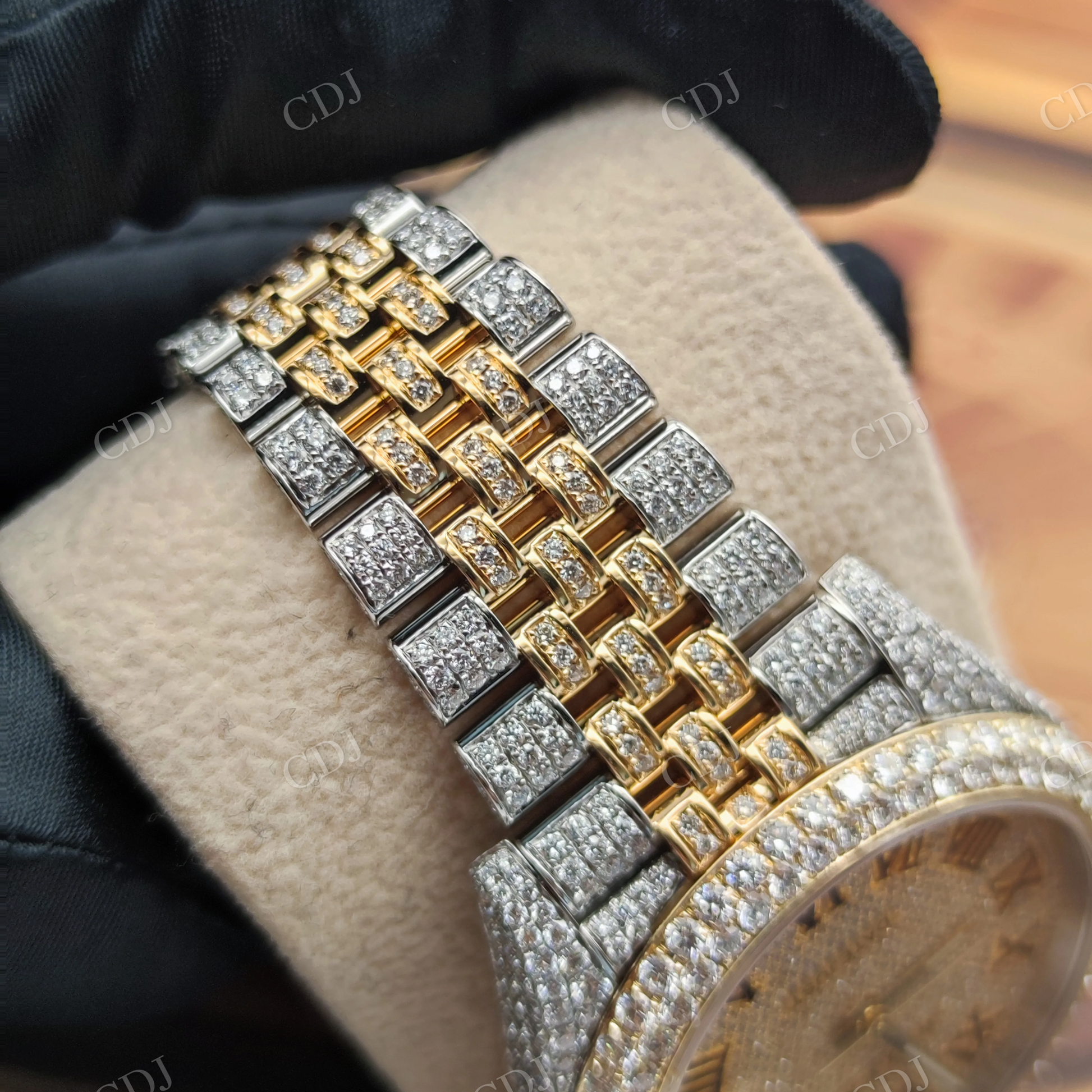 Fully Iced Out Natural Diamond Studded Two Tone Rolex Swiss Made Bust Down Watch  customdiamjewel   