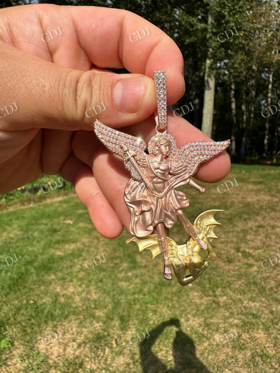 Michael & Dragon Gold Iced Pendant  customdiamjewel   