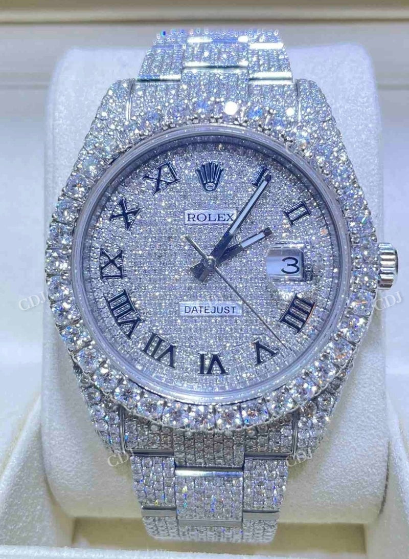 Full White Rolex Oyster Belt Roman Digit Moissanite Watch  customdiamjewel   