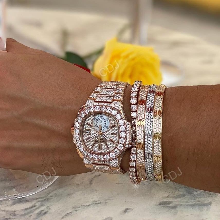 Rose Gold Plated Moissanite Hip Hop Watch And Cartier Bracelet hip hop jewelry CustomDiamJewel   