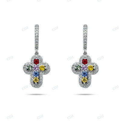 Multi Color Diamond Cross Design Hoop And Huggie Earrings hip hop jewelry CustomDiamJewel