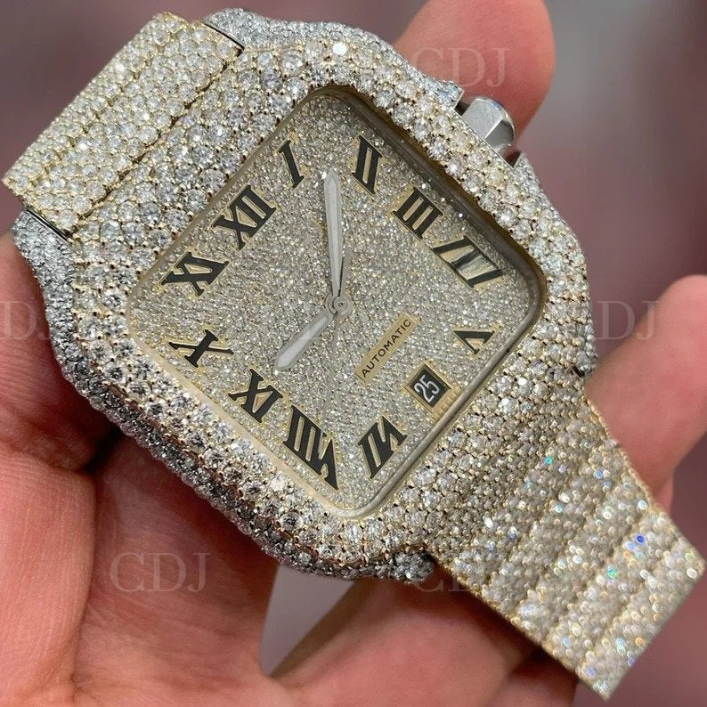 Premium High Quality Genuine Diamond Luxury Roman Dial Cartier Wrist Stainless Steel Watch 23 To 28 Carat (Approx.)  customdiamjewel   