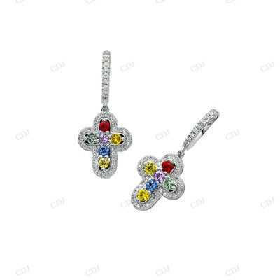 Multi Color Diamond Cross Design Hoop And Huggie Earrings hip hop jewelry CustomDiamJewel