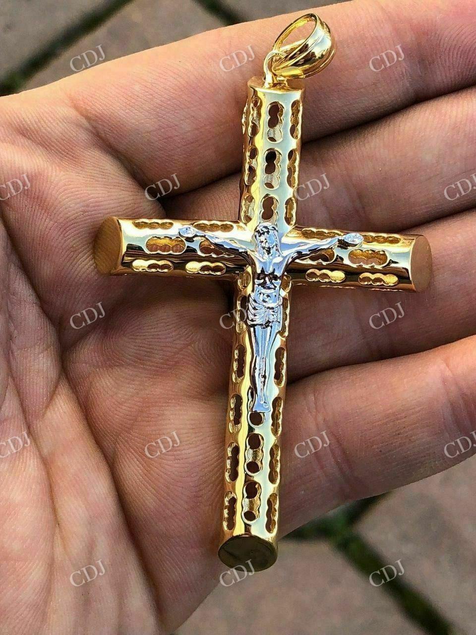 Two Tone Solid Gold Jesus Cross Pendant  customdiamjewel   