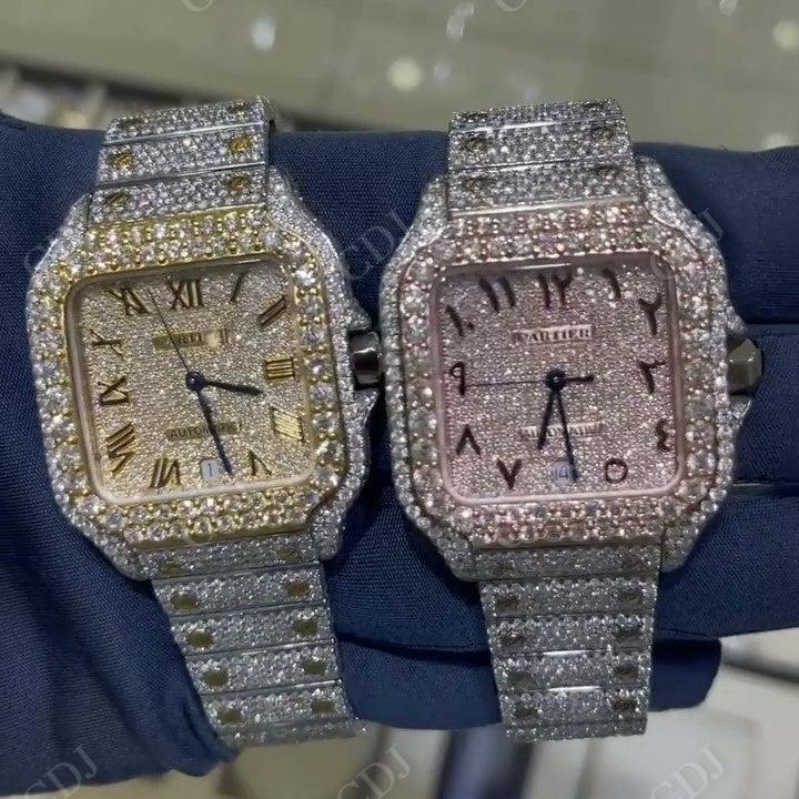 Yellow Gold and Rose Gold Plated Moissanite Diamond Set Cartier Watch hip hop jewelry CustomDiamJewel