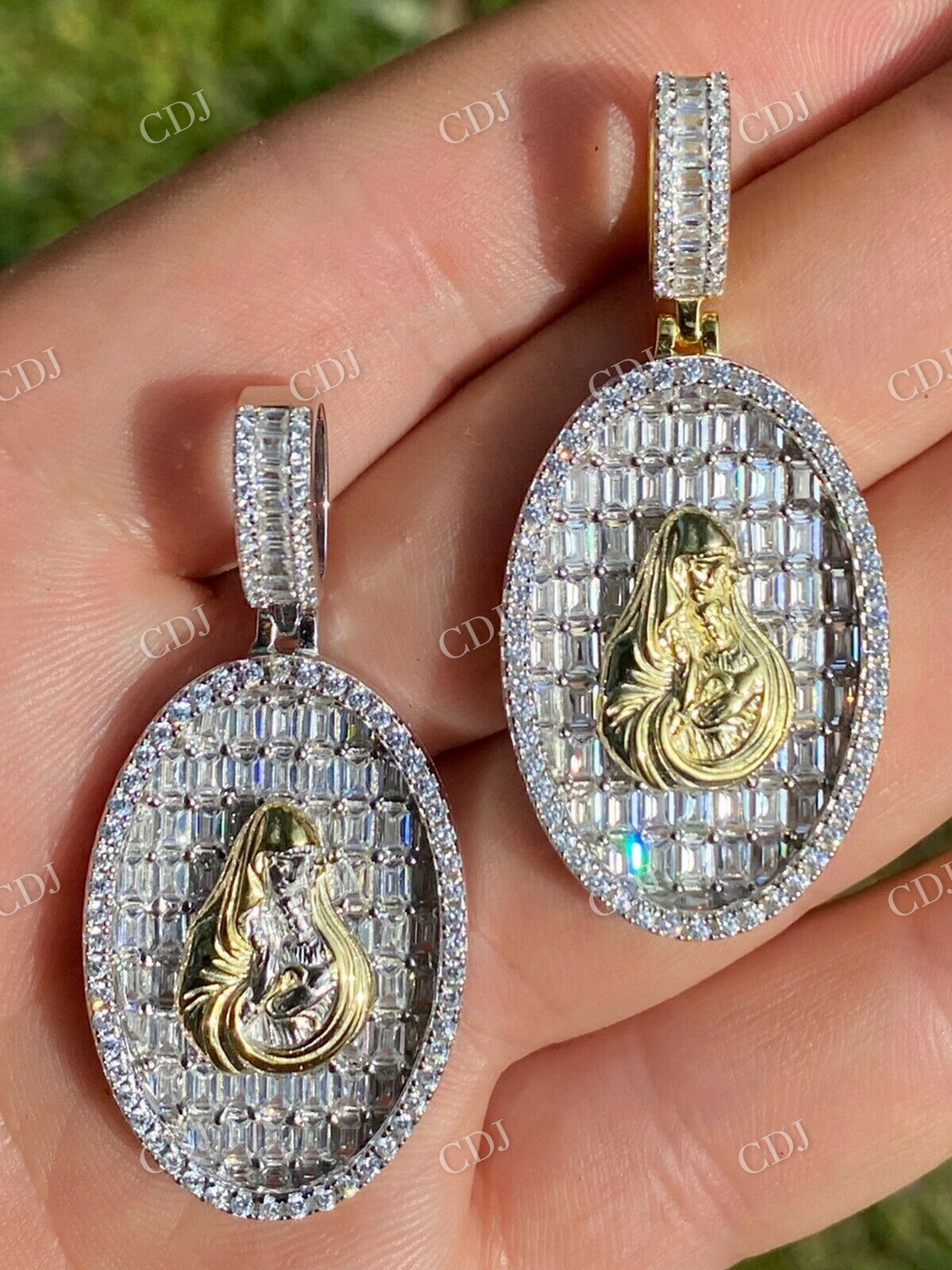 14K Gold Mary Iced Diamond Medallion Pendant  customdiamjewel   