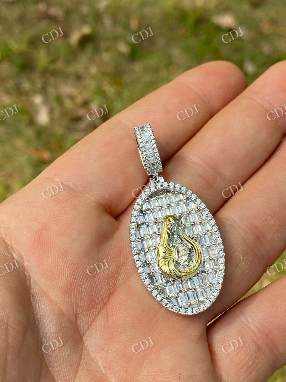 14K Gold Mary Iced Diamond Medallion Pendant  customdiamjewel   