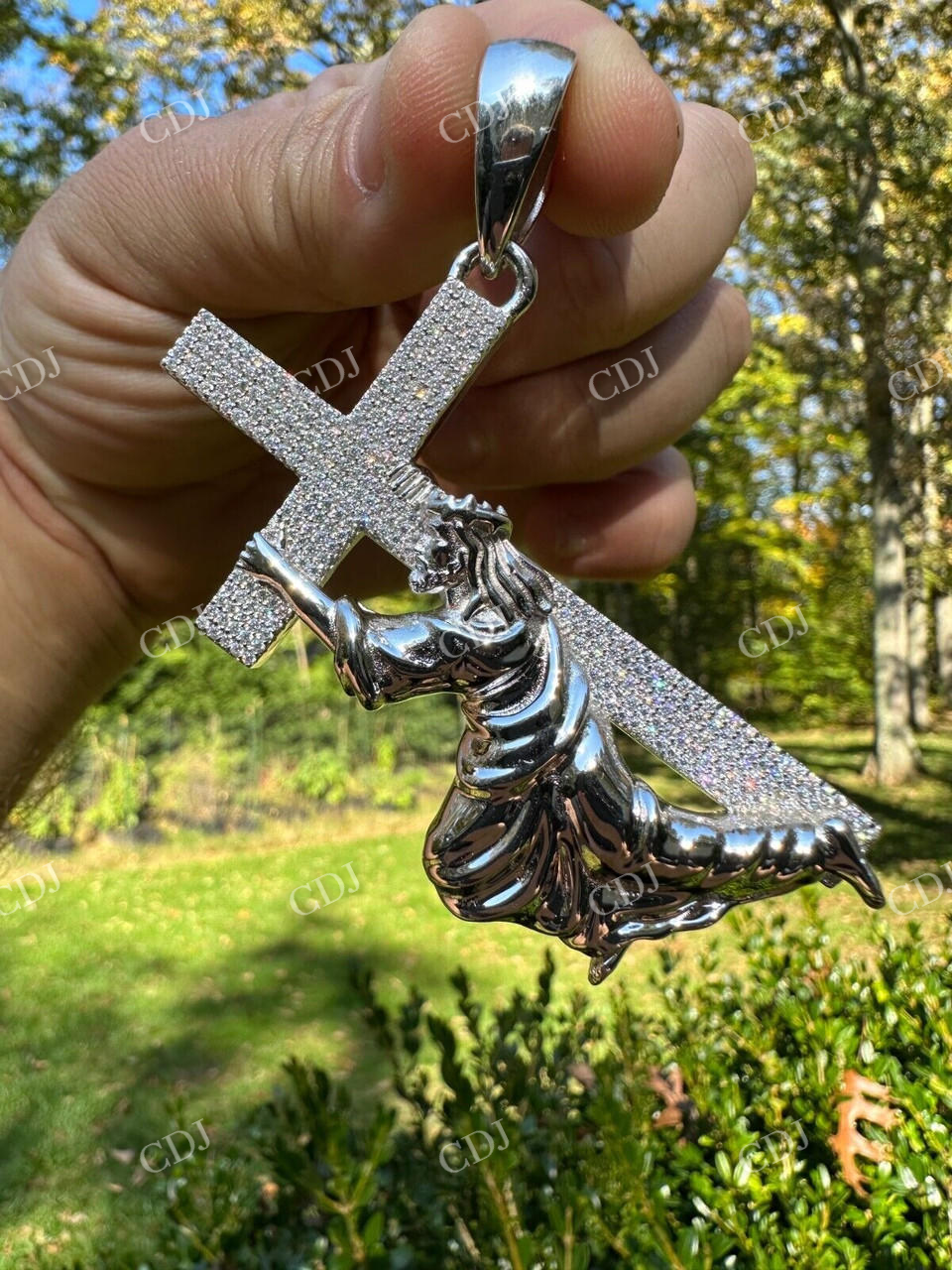 925 Silver Real Diamond Jesus Carrying Cross Pendant  customdiamjewel   