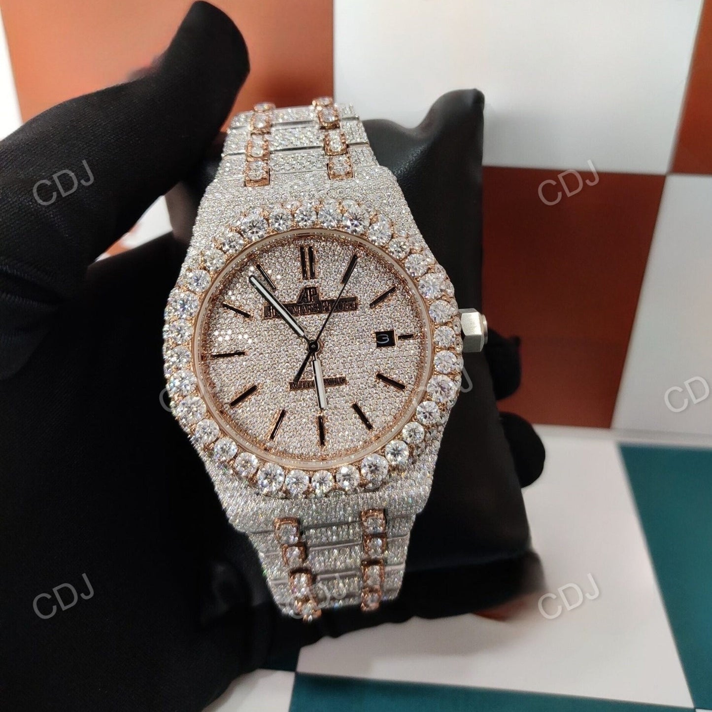 Elegant Colorless Moissanite Studded Full Automatic Movement Buss Down AP Watch Rappers Jewelry 30 to 32 Carats (Approx.)  customdiamjewel   