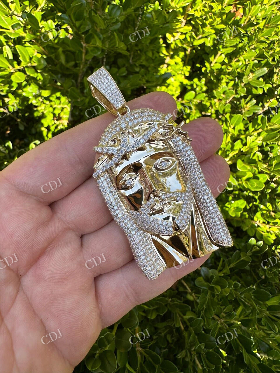 14K Yellow Gold Jesus Piece Iced Diamond Pendant  customdiamjewel   