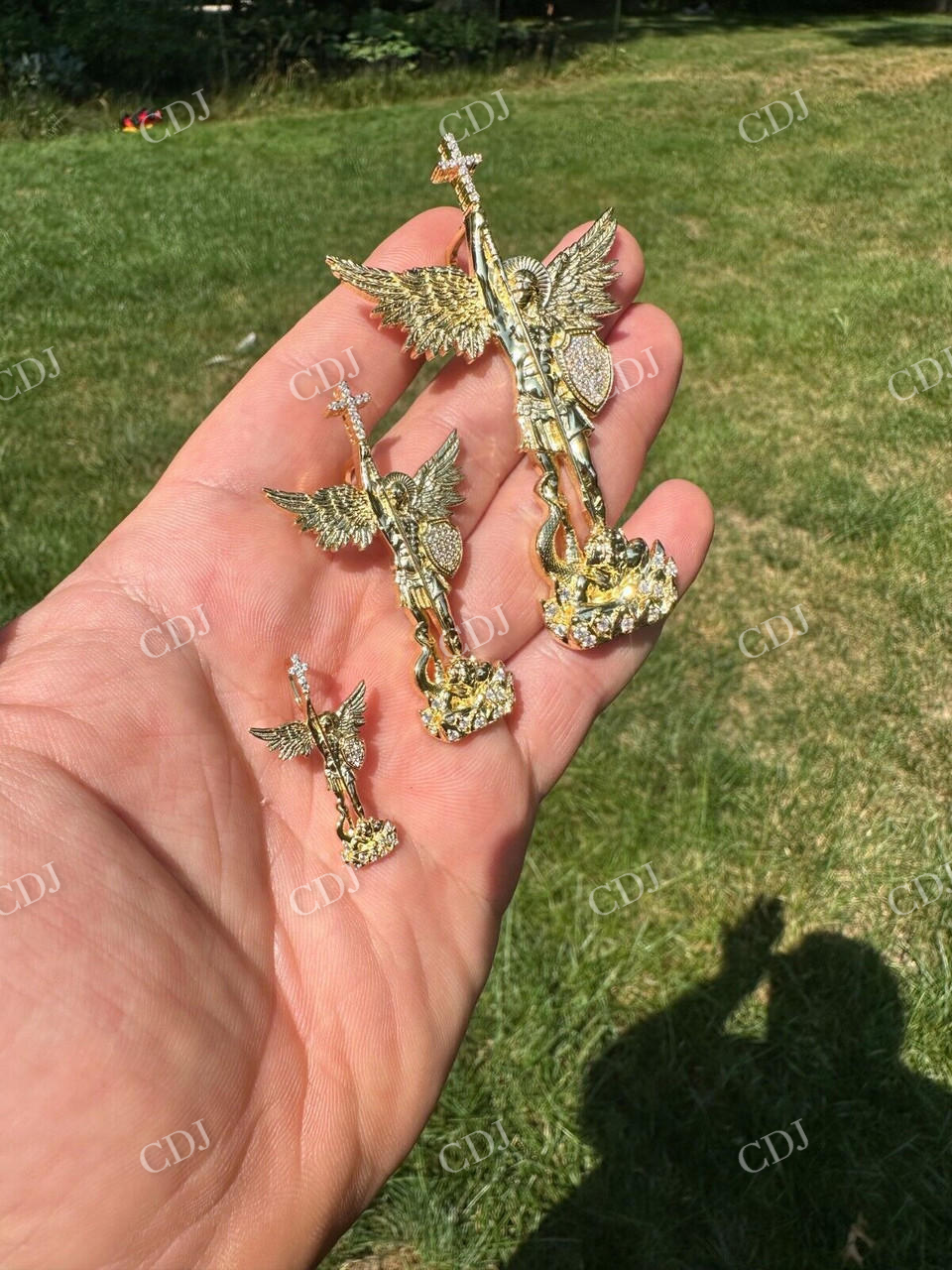 14K Gold Saint Michael Slaying Dragon Diamond Pendant  customdiamjewel   