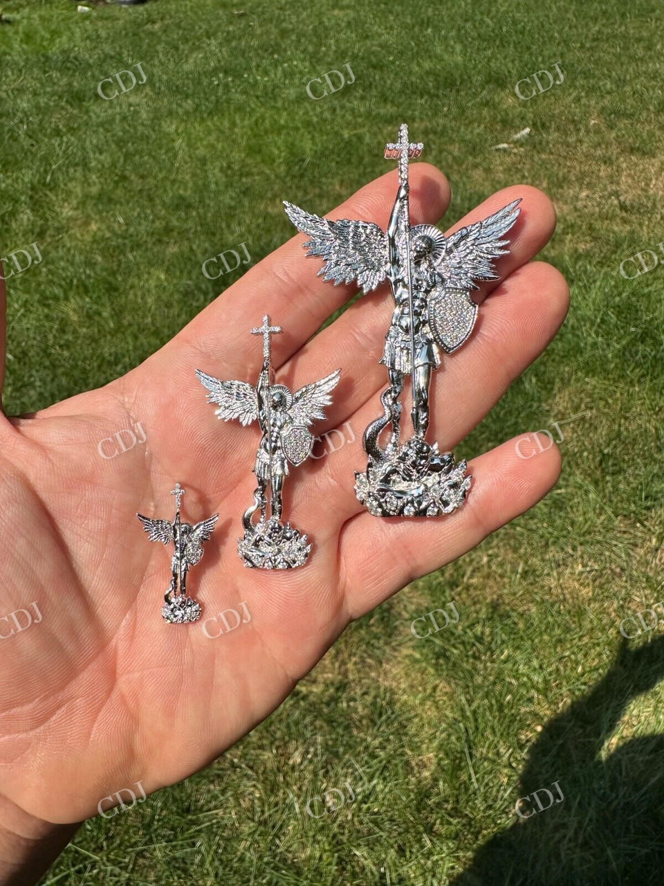 10k White Gold Saint Michael Slaying Dragon Diamond  Pendant  customdiamjewel   