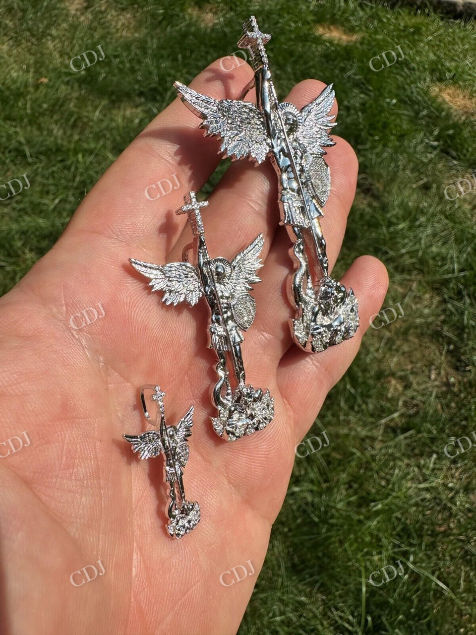 10k White Gold Saint Michael Slaying Dragon Diamond  Pendant  customdiamjewel   