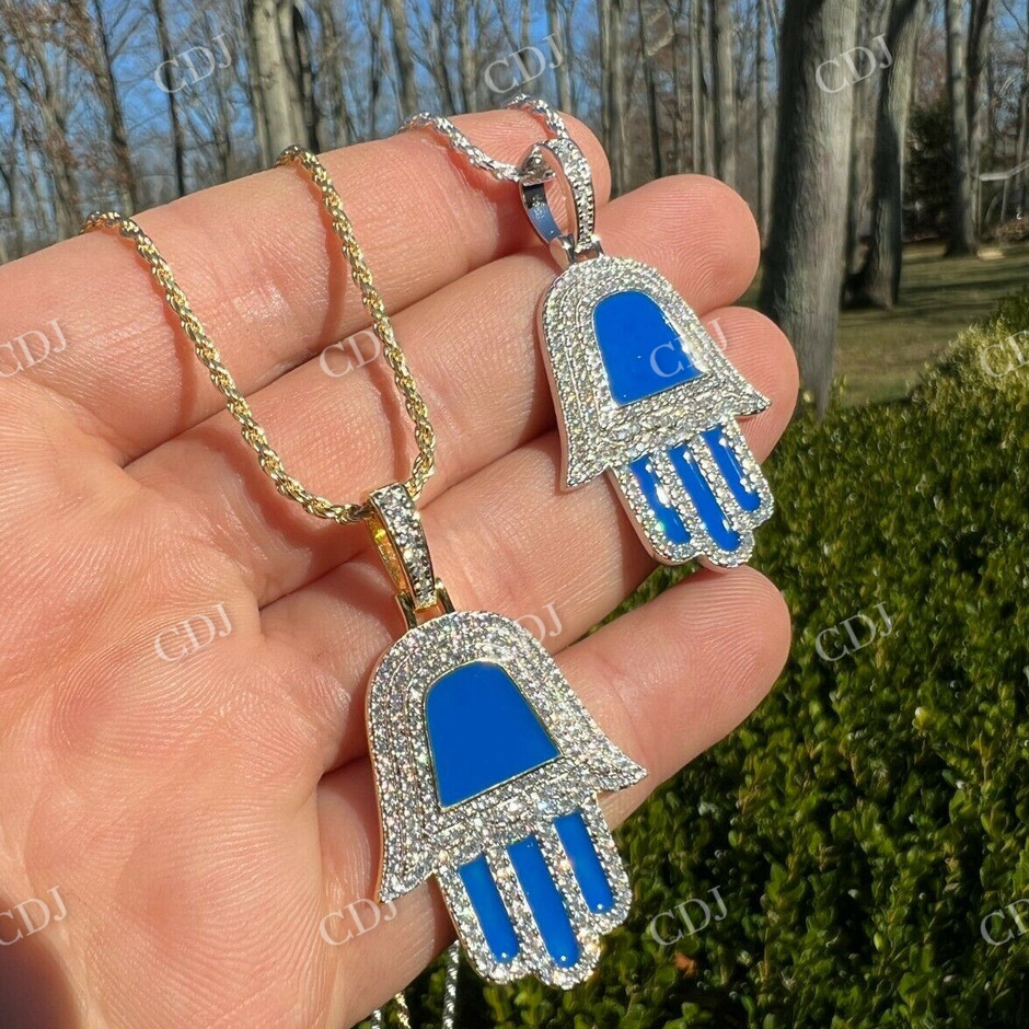 925 Silver Blue Hamsa Hand Iced Diamond Pendant  customdiamjewel   