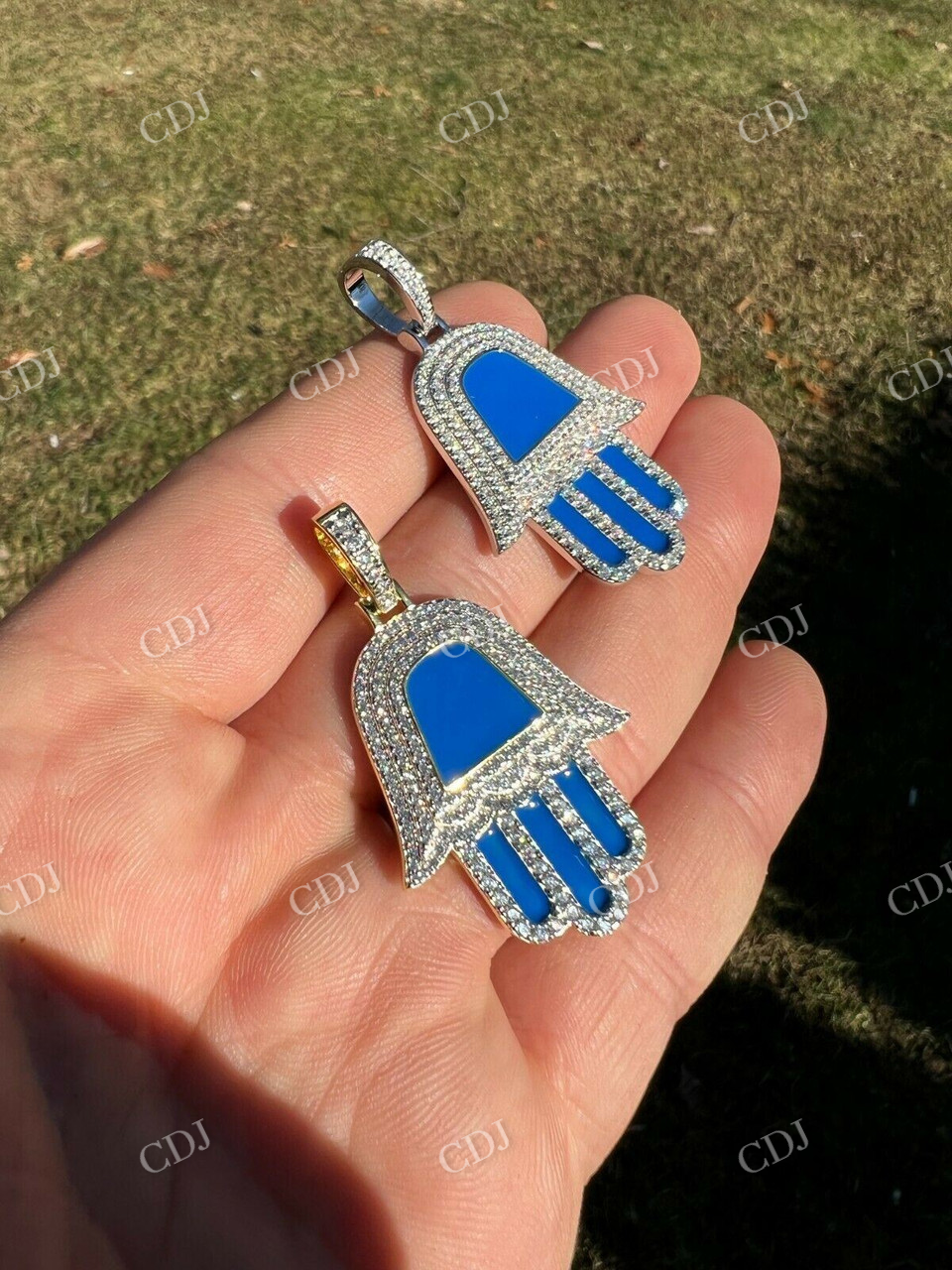 925 Silver Blue Hamsa Hand Iced Diamond Pendant  customdiamjewel   