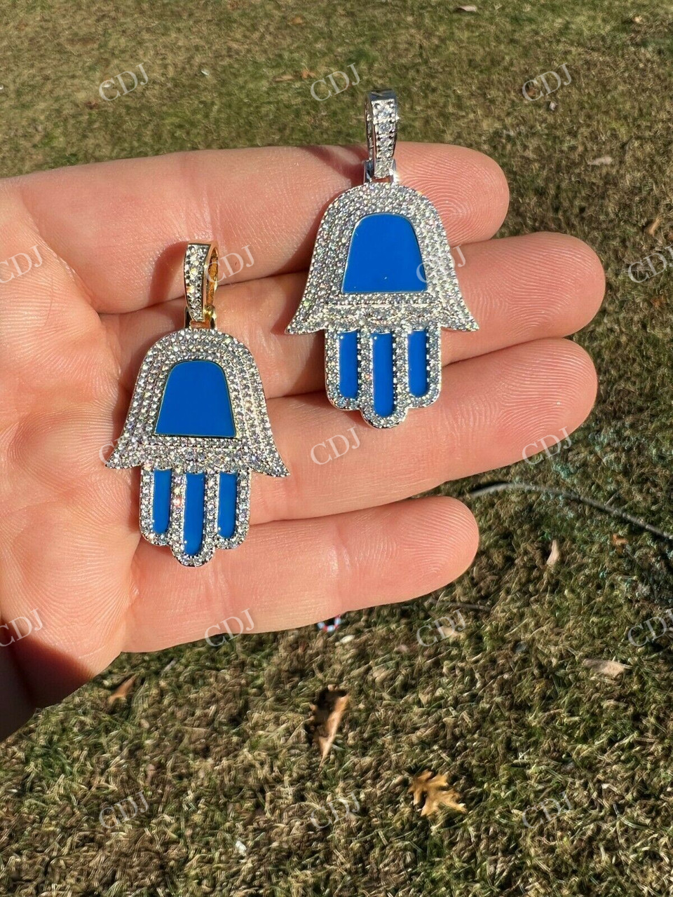 925 Silver Blue Hamsa Hand Iced Diamond Pendant  customdiamjewel   