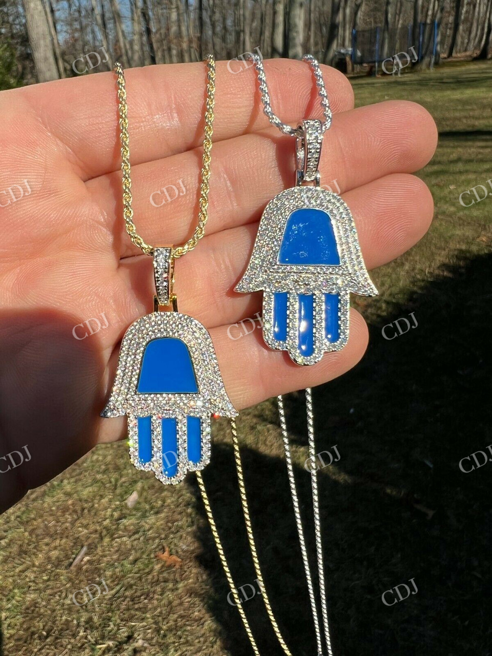 925 Silver Blue Hamsa Hand Iced Diamond Pendant  customdiamjewel   