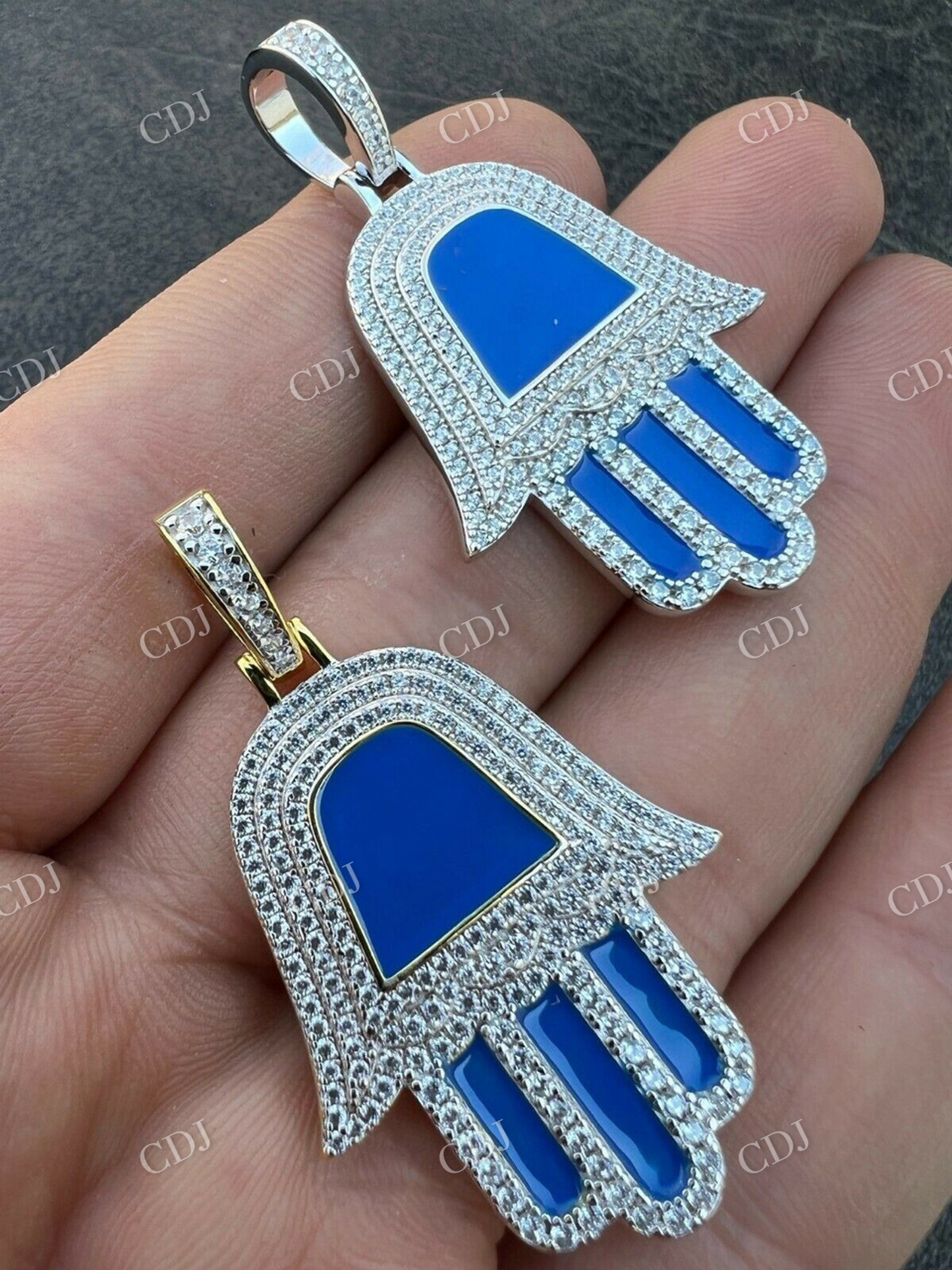 925 Silver Blue Hamsa Hand Iced Diamond Pendant  customdiamjewel   