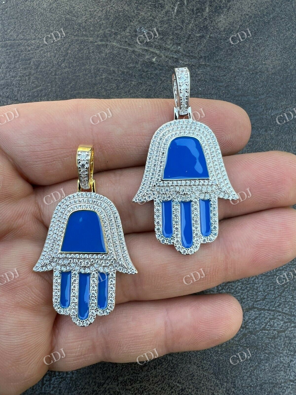 925 Silver Blue Hamsa Hand Iced Diamond Pendant  customdiamjewel   