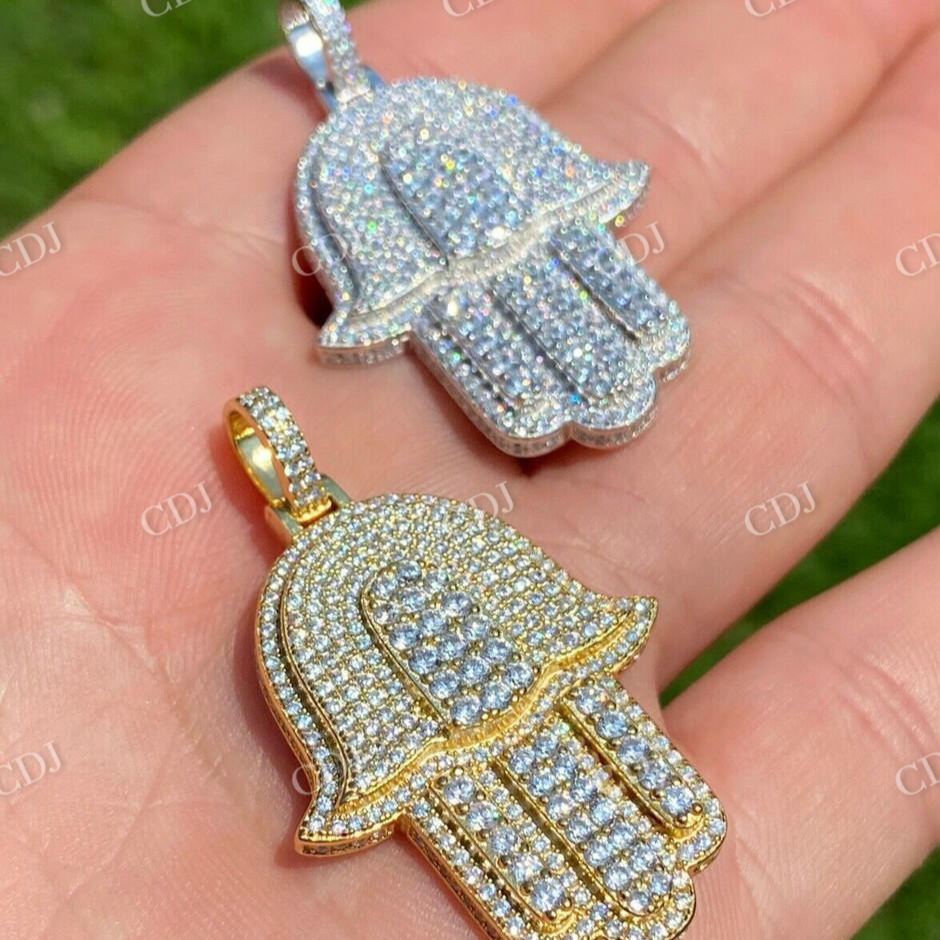 10K Gold Hamsa Hand Iced Diamond Pendant  customdiamjewel   