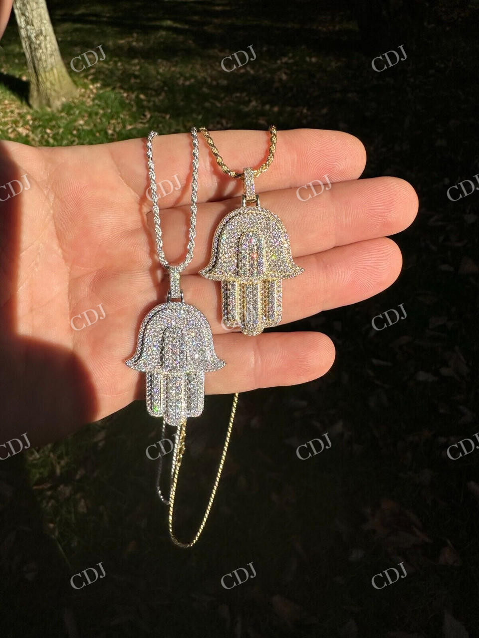 10K Gold Hamsa Hand Iced Diamond Pendant  customdiamjewel   