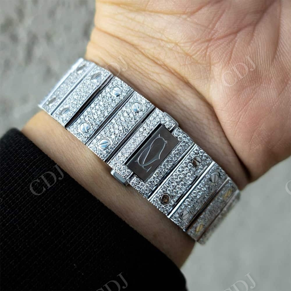 Cartier Santos Black Dial Diamond Iced Out Watch  customdiamjewel   