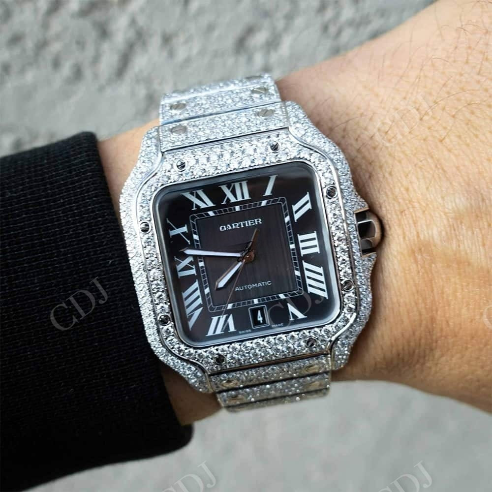 Cartier Santos Black Dial Diamond Iced Out Watch  customdiamjewel   