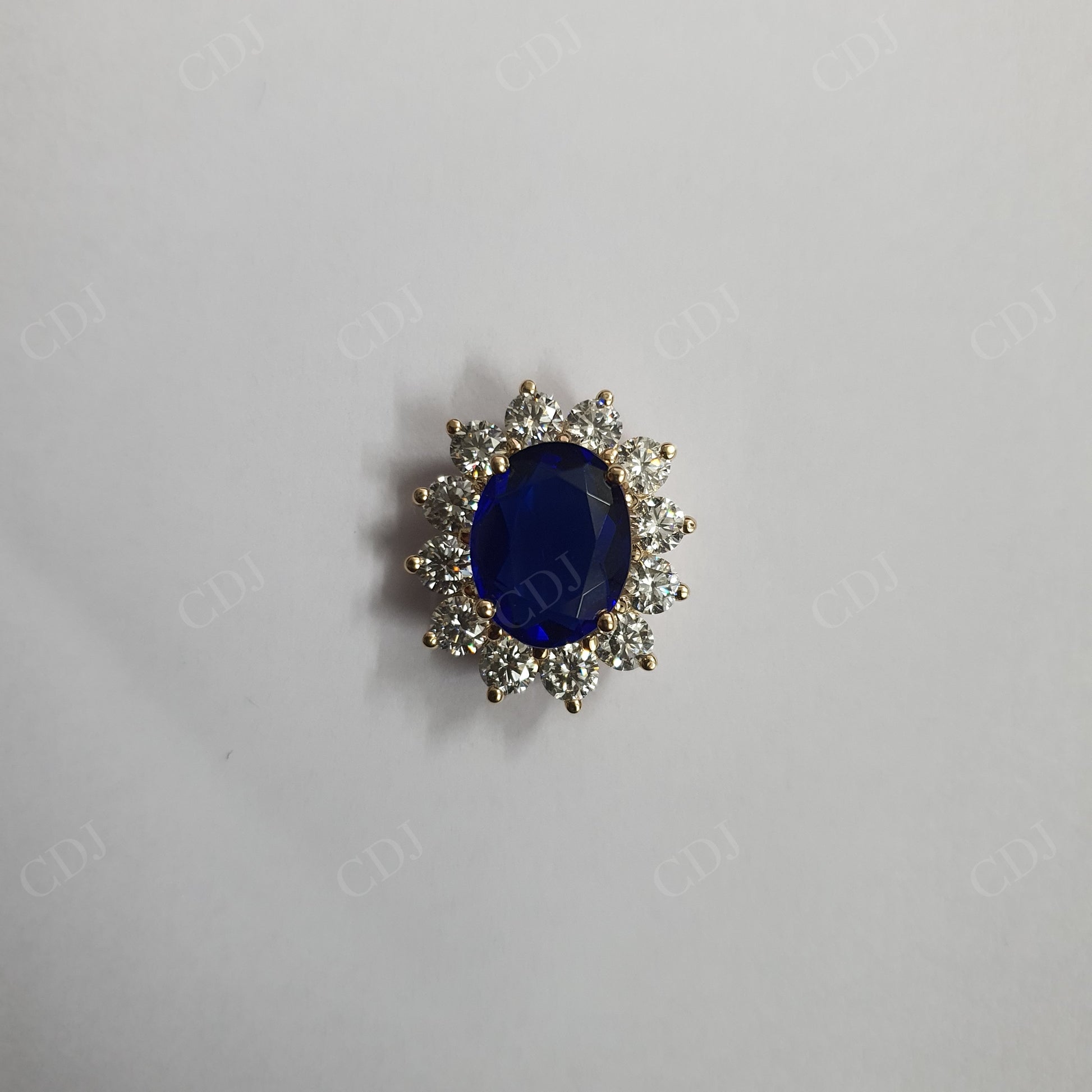 14K Yellow Gold Oval Cut Blue Sapphire And Round CVD Halo Custom Pendant hip hop jewelry customdiamjewel   