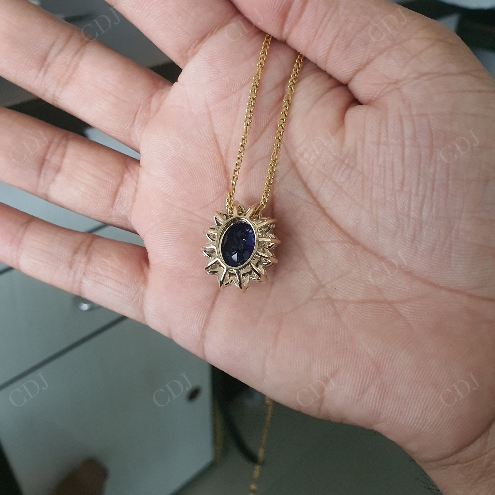 14K Yellow Gold Oval Cut Blue Sapphire And Round CVD Halo Custom Pendant hip hop jewelry customdiamjewel   