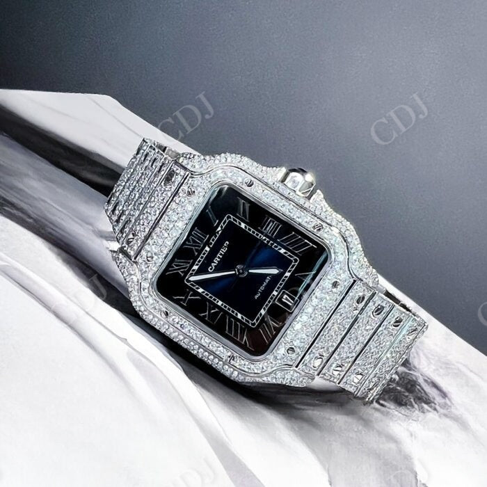 Cartier Santos Blue Dial Custom Diamond Watch  customdiamjewel   