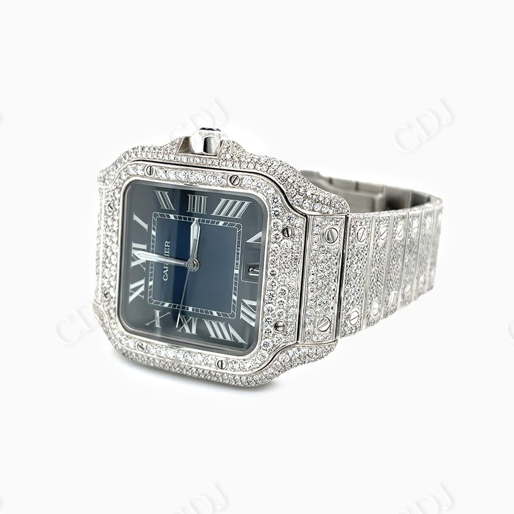 Cartier Santos Blue Dial Custom Diamond Watch  customdiamjewel   