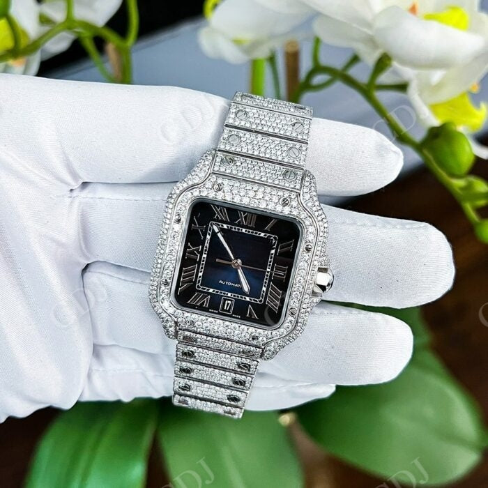 Cartier Santos Blue Dial Custom Diamond Watch  customdiamjewel   