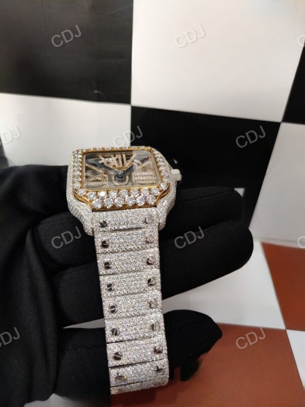 Swiss Movement Real Diamond Fully Iced Out Two Tone Stainless Steel Cartier Skeleton Watch For Men 27 to 29 Carats (Approx.)  customdiamjewel   