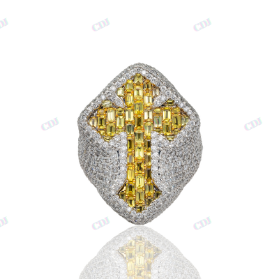 Baguette cut Yellow Color Diamond Fully Iced Out Cross Design Ring hip hop jewelry CustomDiamJewel