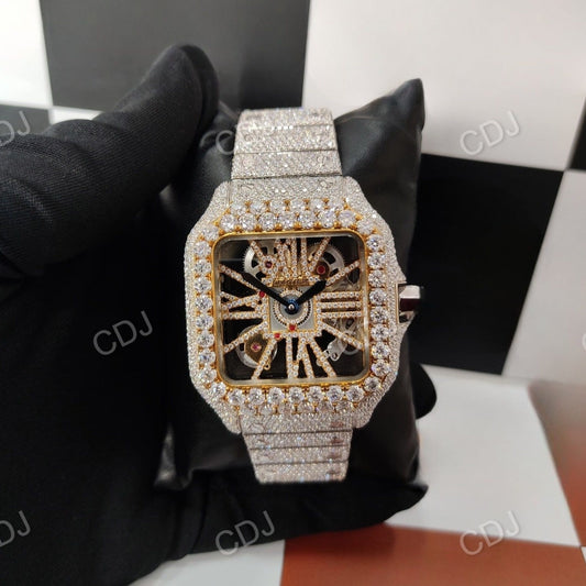 Swiss Movement Real Diamond Fully Iced Out Two Tone Stainless Steel Cartier Skeleton Watch For Men 27 to 29 Carats (Approx.)  customdiamjewel   