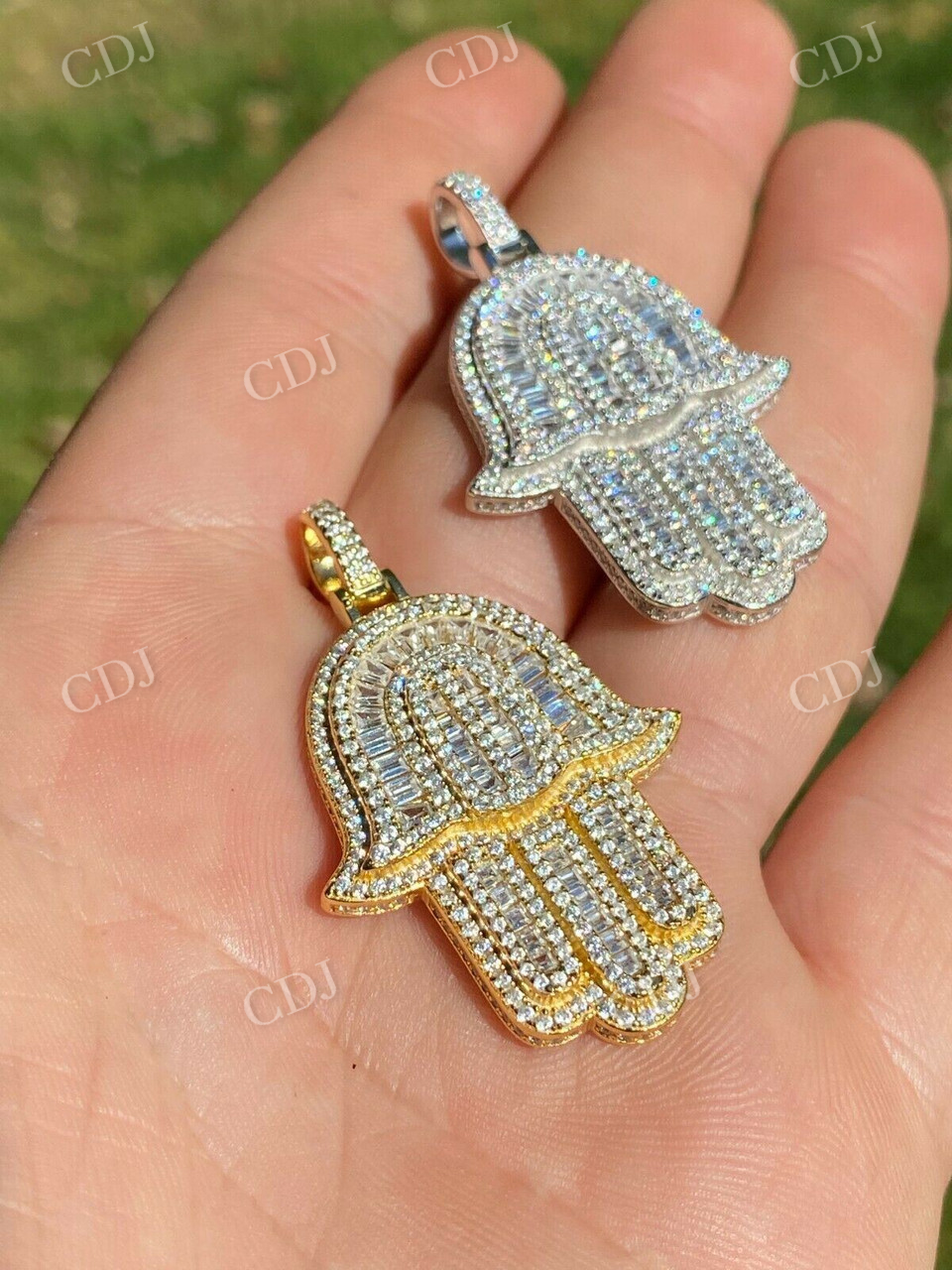 14K Gold Hamsa Hand Baguette Diamond Pendant  customdiamjewel   