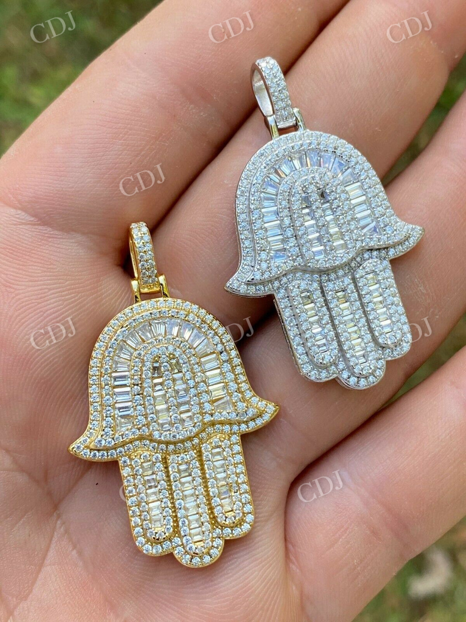 14K Gold Hamsa Hand Baguette Diamond Pendant  customdiamjewel   