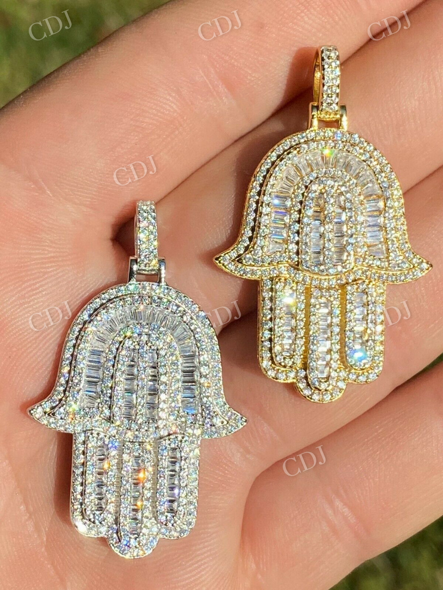 14K Gold Hamsa Hand Baguette Diamond Pendant  customdiamjewel   