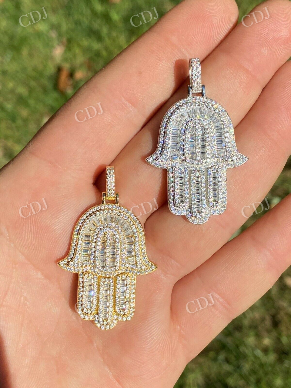 14K Gold Hamsa Hand Baguette Diamond Pendant  customdiamjewel   