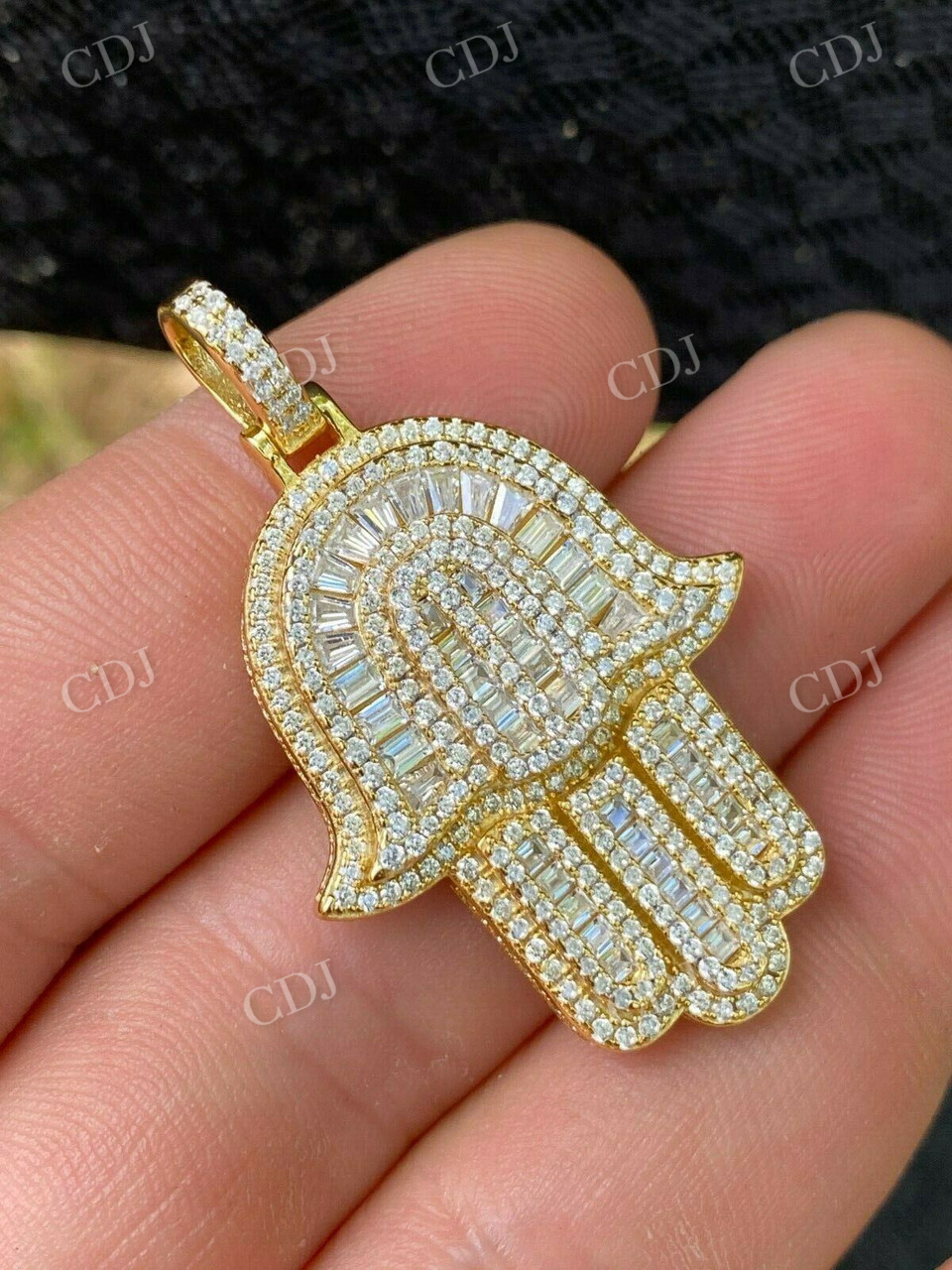 14K Gold Hamsa Hand Baguette Diamond Pendant  customdiamjewel   