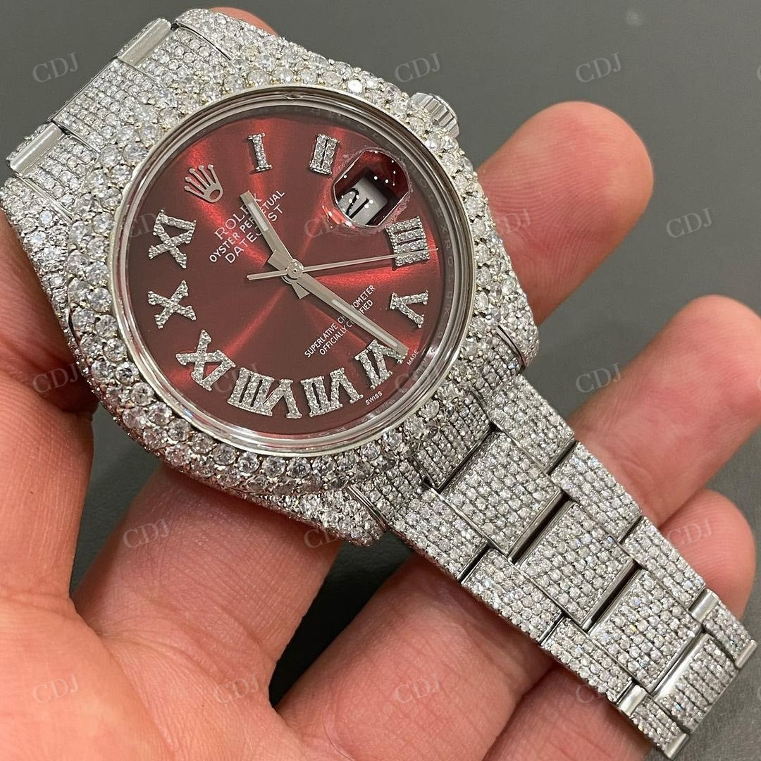 Rolex Red Dial Diamond Luxury Watch  customdiamjewel   