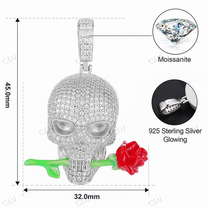 S925 Moissanite Glow In The Dark Rose Skull Pendant hip hop jewelry CustomDiamJewel