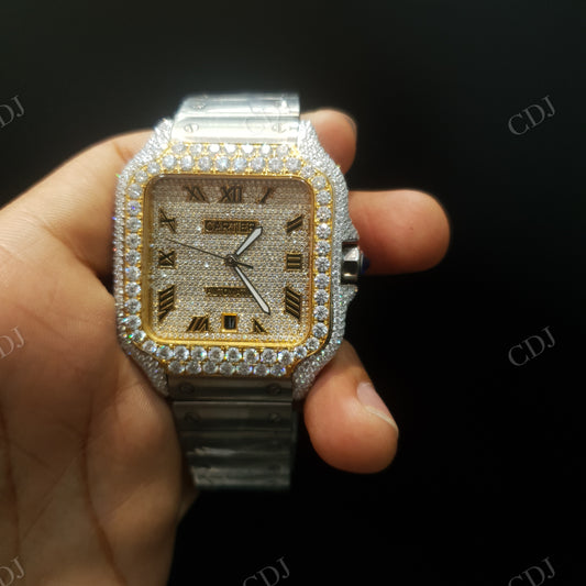 Yellow White Moissanite Stainless Steel Iced Out Dial Cartier Watch customdiamjewel