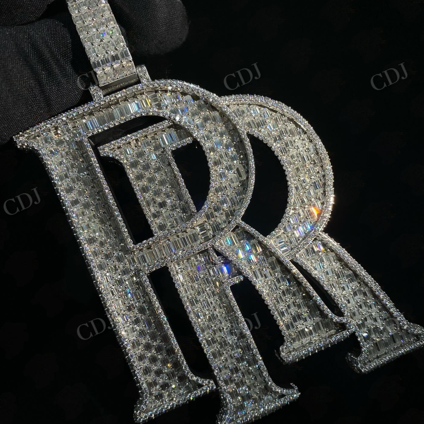 Full Baguette Moissanite Diamond RR Letter Silver Pendant hip hop jewelry customdiamjewel   