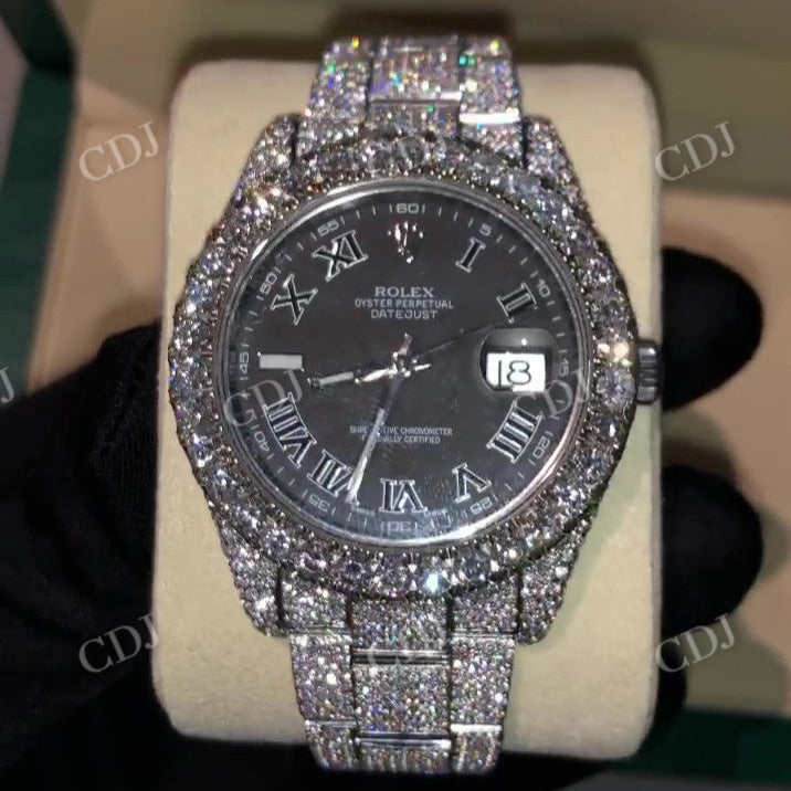 Black Roman Dial Rolex Date just Iced Out Moissanite Diamond Watch  customdiamjewel   