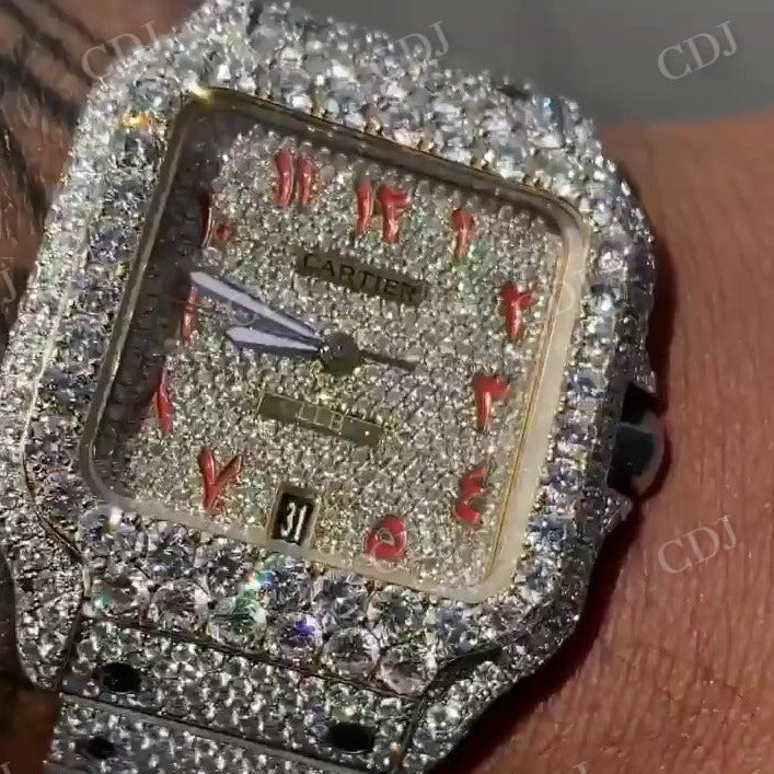 Fully Iced Out Cartier Red Arabic Dial Moissanite Watch  customdiamjewel   